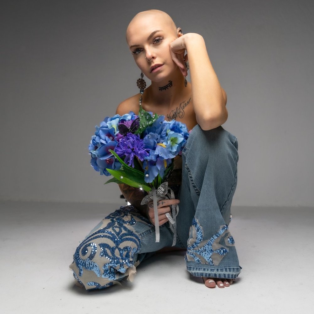 SOMETHING BLUE "LOVE" Damask Sequin Custom Order Jeans